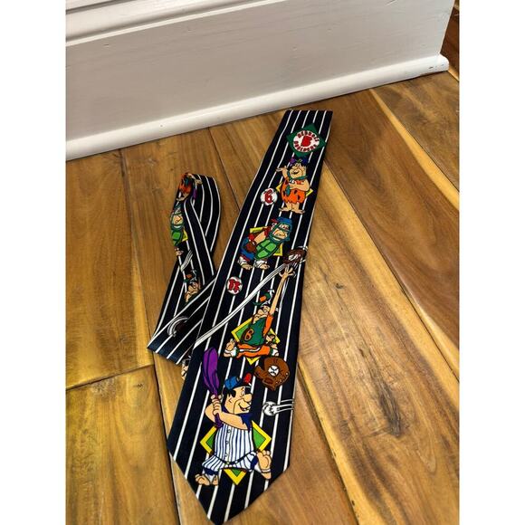 Hanna Barbera Vintage Tie THE FLINTSTONES Navy Blue Baseball Bedrock Boulders - Picture 1 of 6